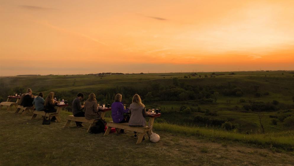 People seated at outdoor tables, eating and enjoying the sunset over a grassy vista