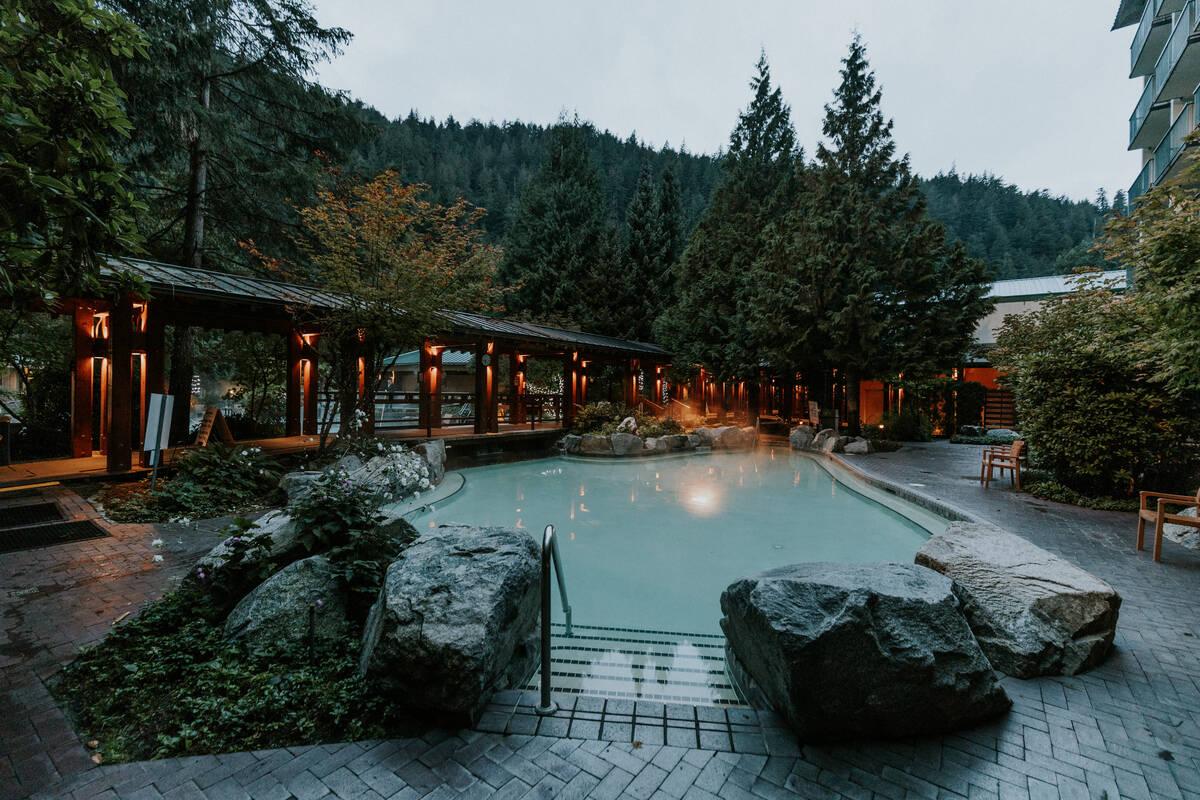 The hot springs pool in the evening at Harrison Hot Springs Resort.