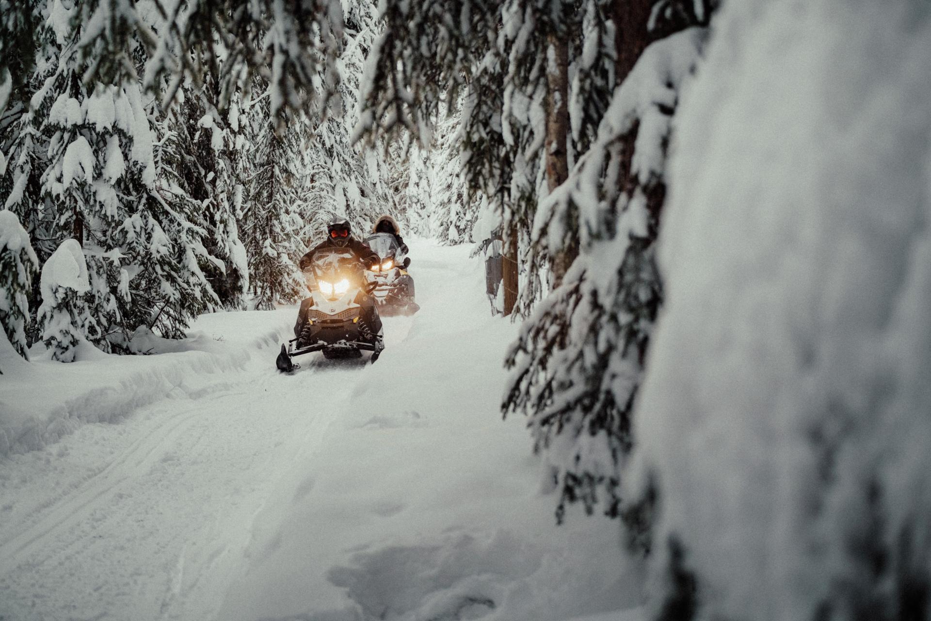 Two people riding snowmobiles on a snowy path through the forest.