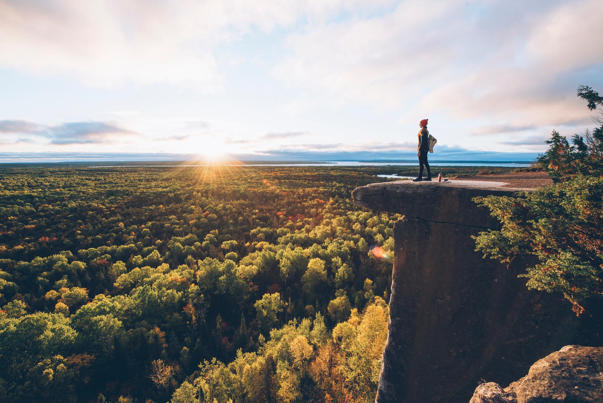Person stands on cliff edge overlooking a vast autumn forest at sunrise