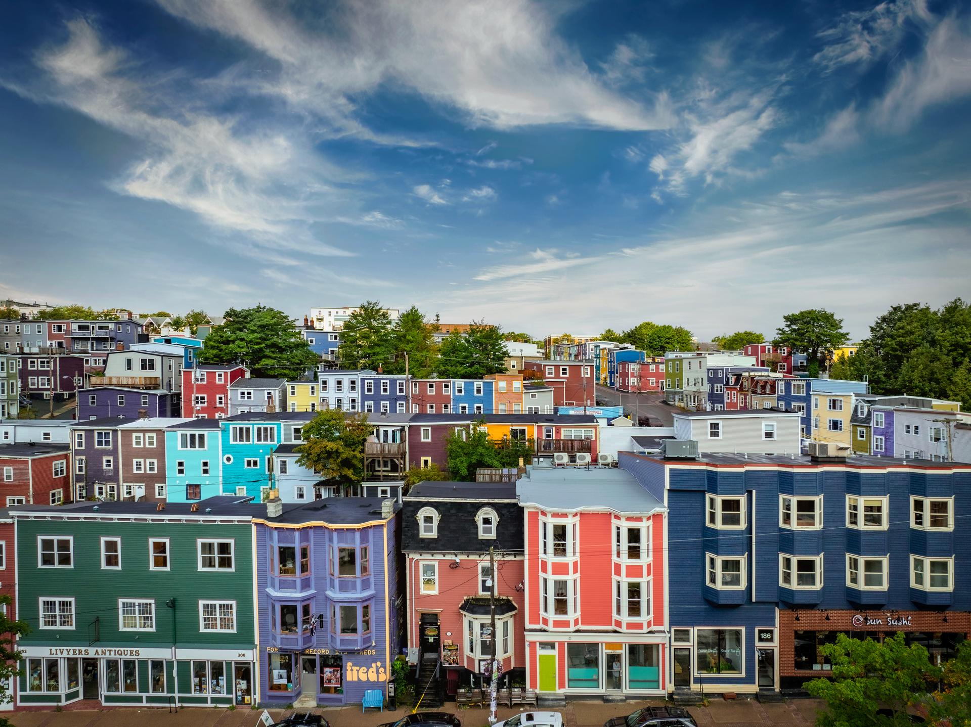 Row of colorful historic buildings in St. John’s, Newfoundland