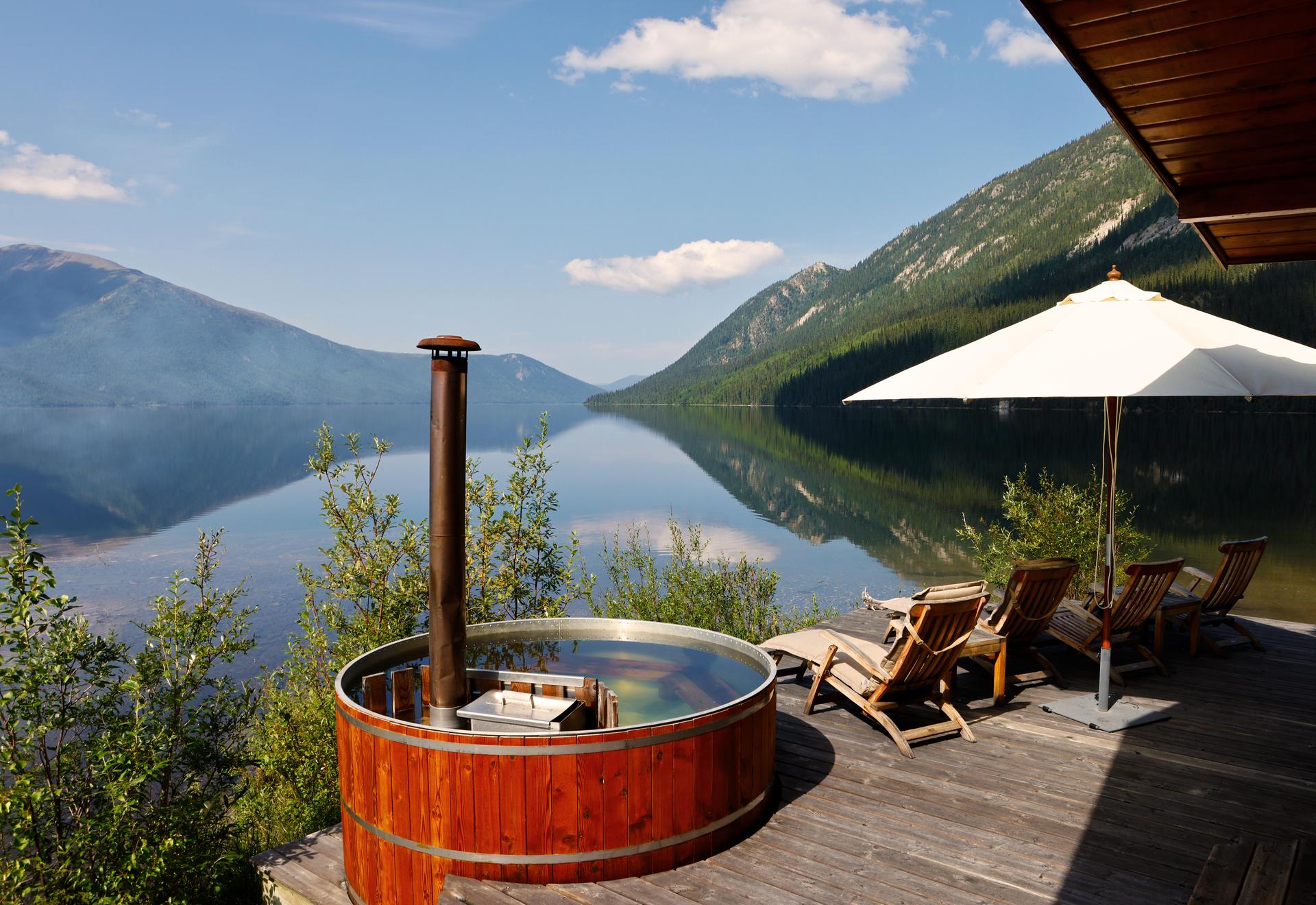 Lakeside sauna and dock at Tincup Wilderness Lodge in Yukon wilderness
