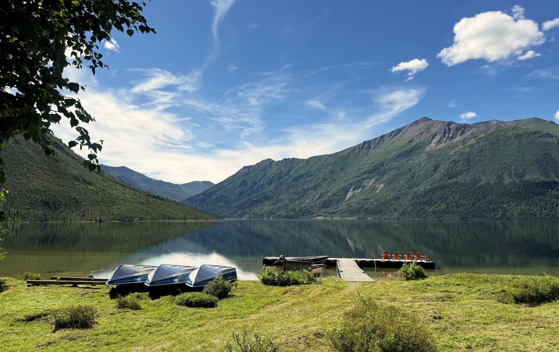 Dock area with view of Tincup Lake at Tincup Wilderness Lodge, Yukon