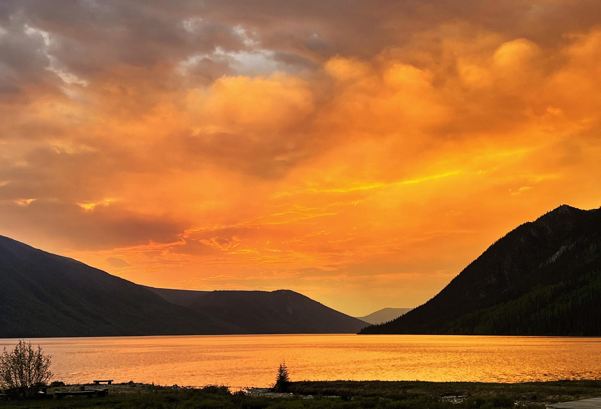 Sunset over Tincup Lake at Tincup Wilderness Lodge in Yukon