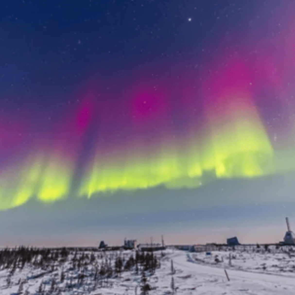 Pink and yellow northern lights cover a dusk-lit sky. Towards the horizon, buildings stand.