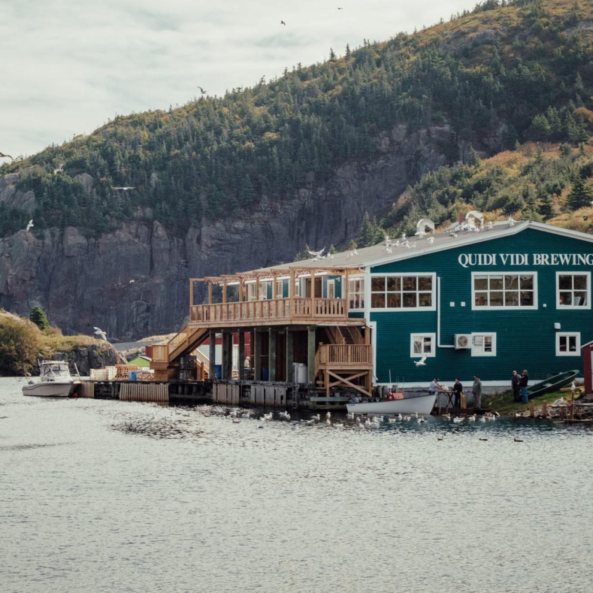 A boat passes the Quidi Vidi Brewing Co.