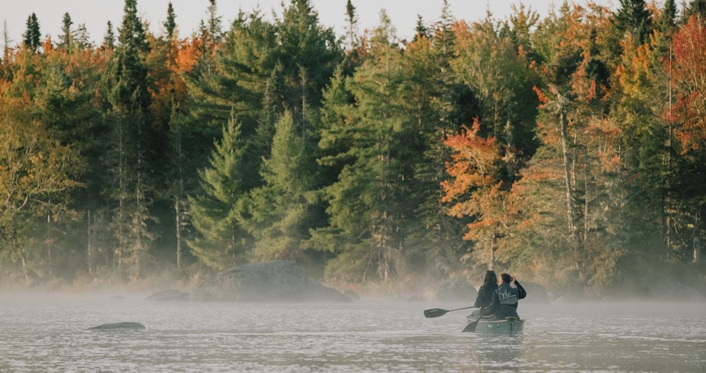 Two canoe paddlers explore a forest river in the fall