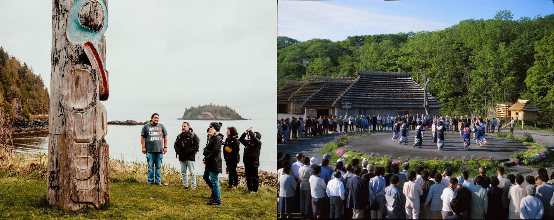 left: a crowd gathers beneath a totem; right: a crowd gathers for a symposium event