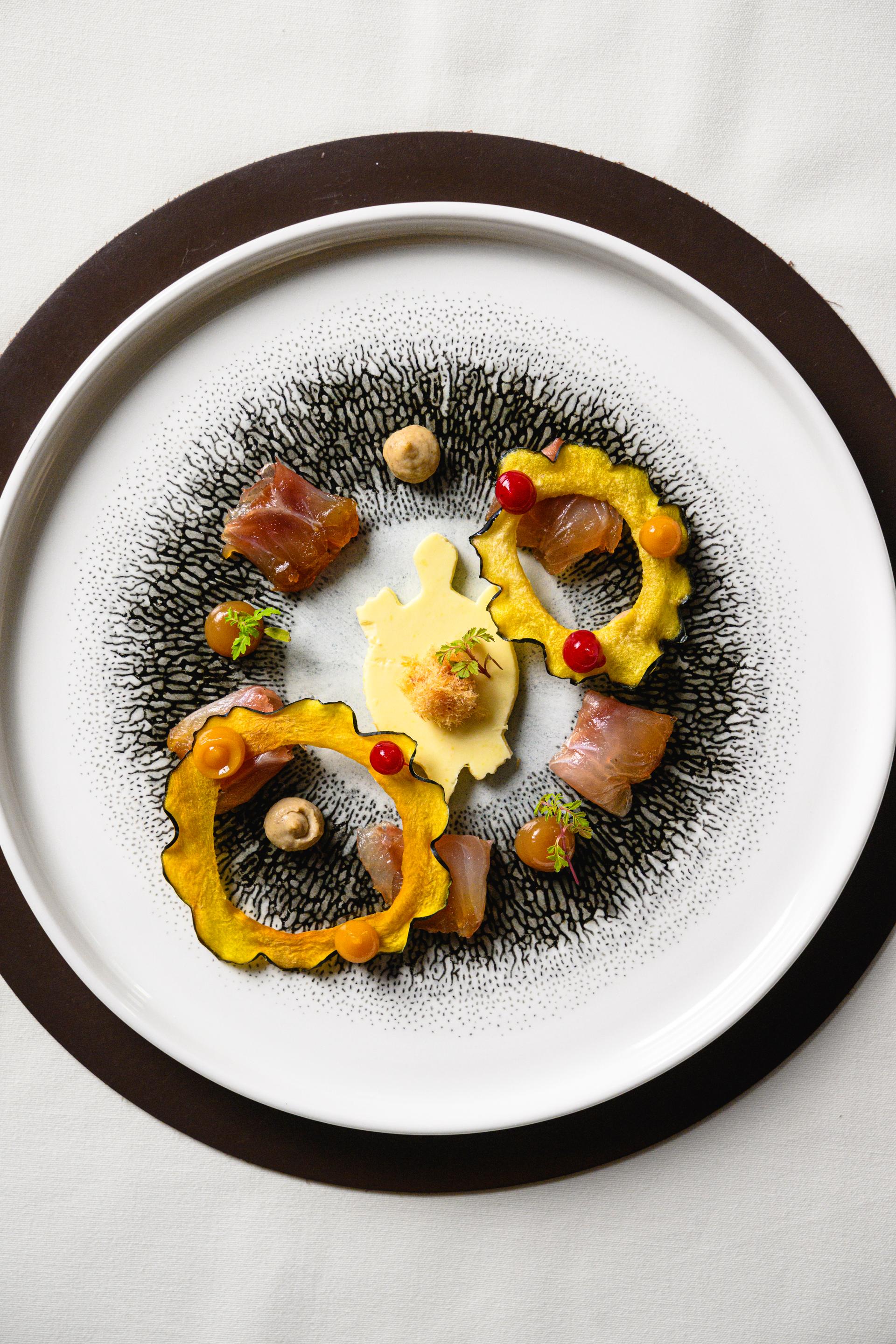 A gourmet dish with fish, squash rings, and colorful garnishes on a decorative plate.