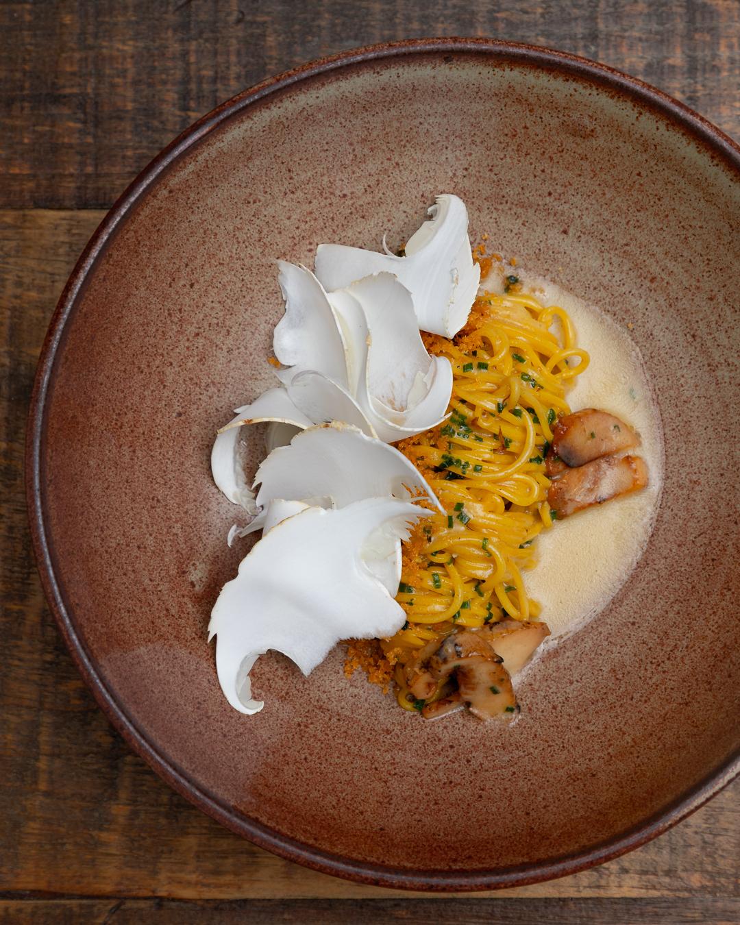 A closeup photo of a plate of pasta topped with shaved truffles.
