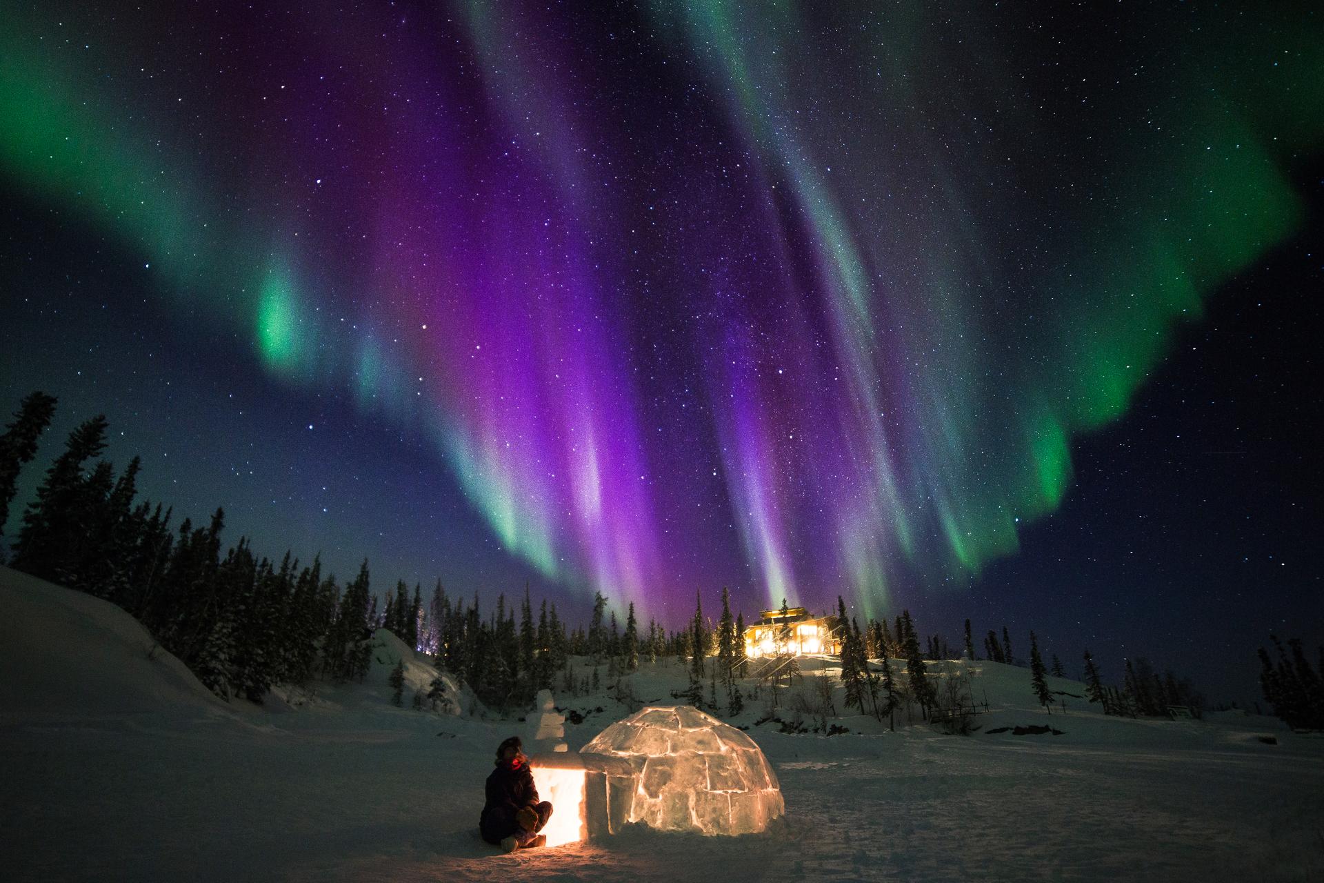 A person sitting on the snow in front of a glowing igloo under a starry, aurora-filled night sky with Blachford Lodge in the background.