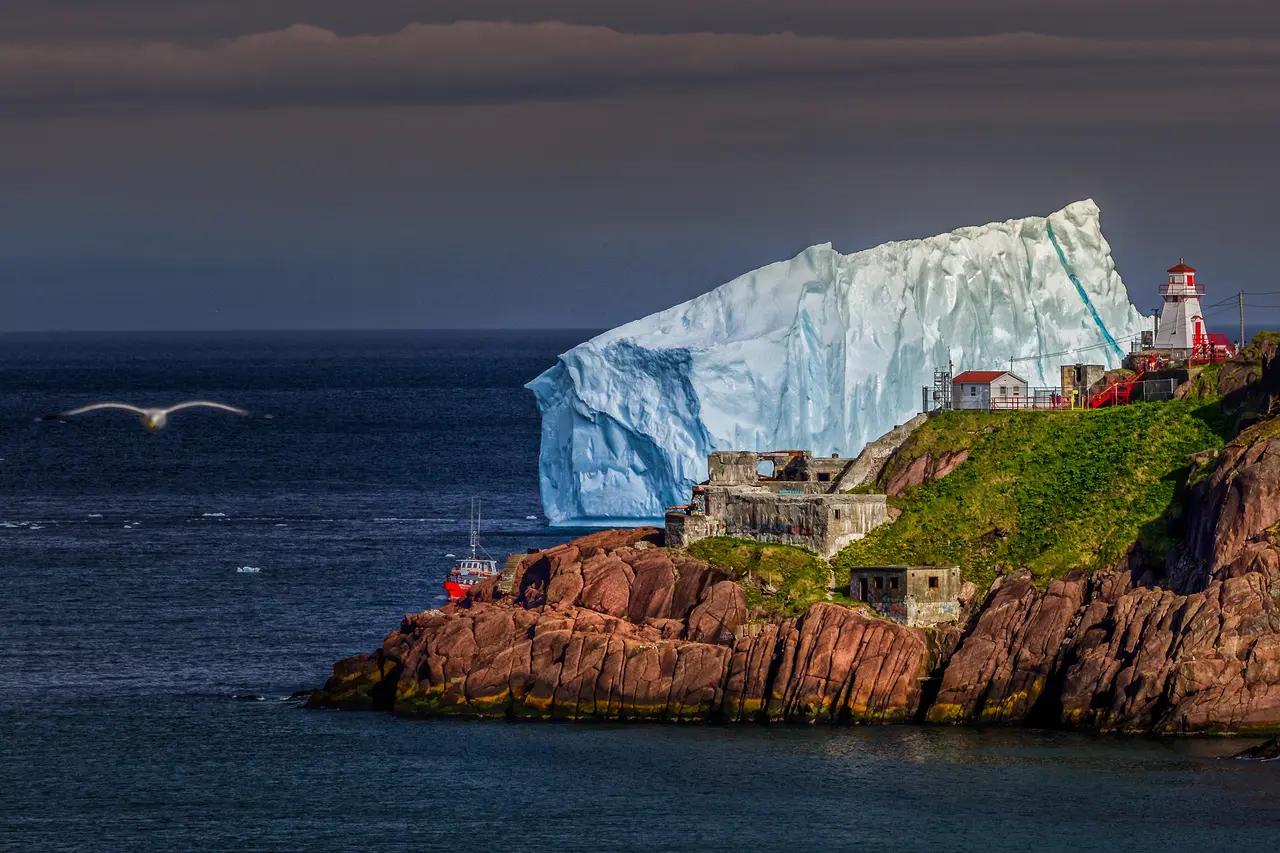 A massive white iceberg floats past a historic lighthouse on the rugged Newfoundland coastline, showcasing the dramatic scale of Iceberg Alley during peak viewing season.