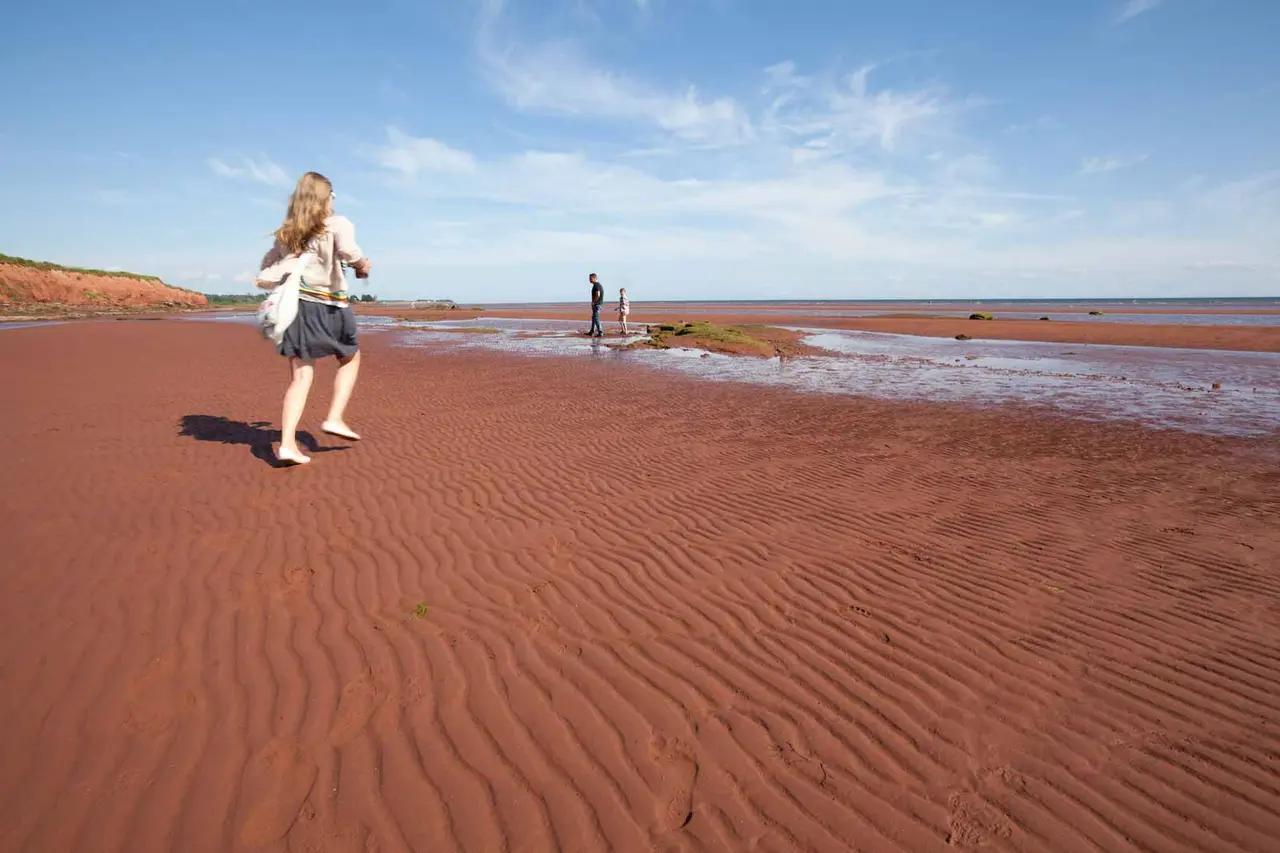 Barefoot visitors running and walking across PEI's distinctive rippled red sand flats at low tide, with shallow tidal pools reflecting the sky and red sandstone cliffs visible along the shoreline — introducing a guide to five of Prince Edward Island's best beaches along its 1,100 kilometres of coastline.