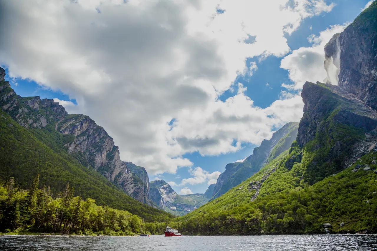 A sweeping upward view from the floor of a glacially carved valley in Gros Morne National Park, Newfoundland, with densely forested cliff walls rising steeply on both sides, a powerful waterfall cascading down the upper right cliff face, and a dramatic cloudy sky opening above the valley corridor.