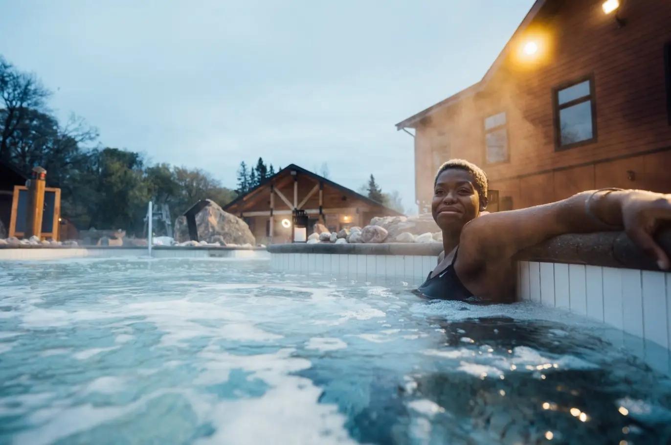 A woman relaxes in a steaming outdoor thermal pool at Thermëa Spa Village at dusk, surrounded by warm lodge lighting and natural rock features.