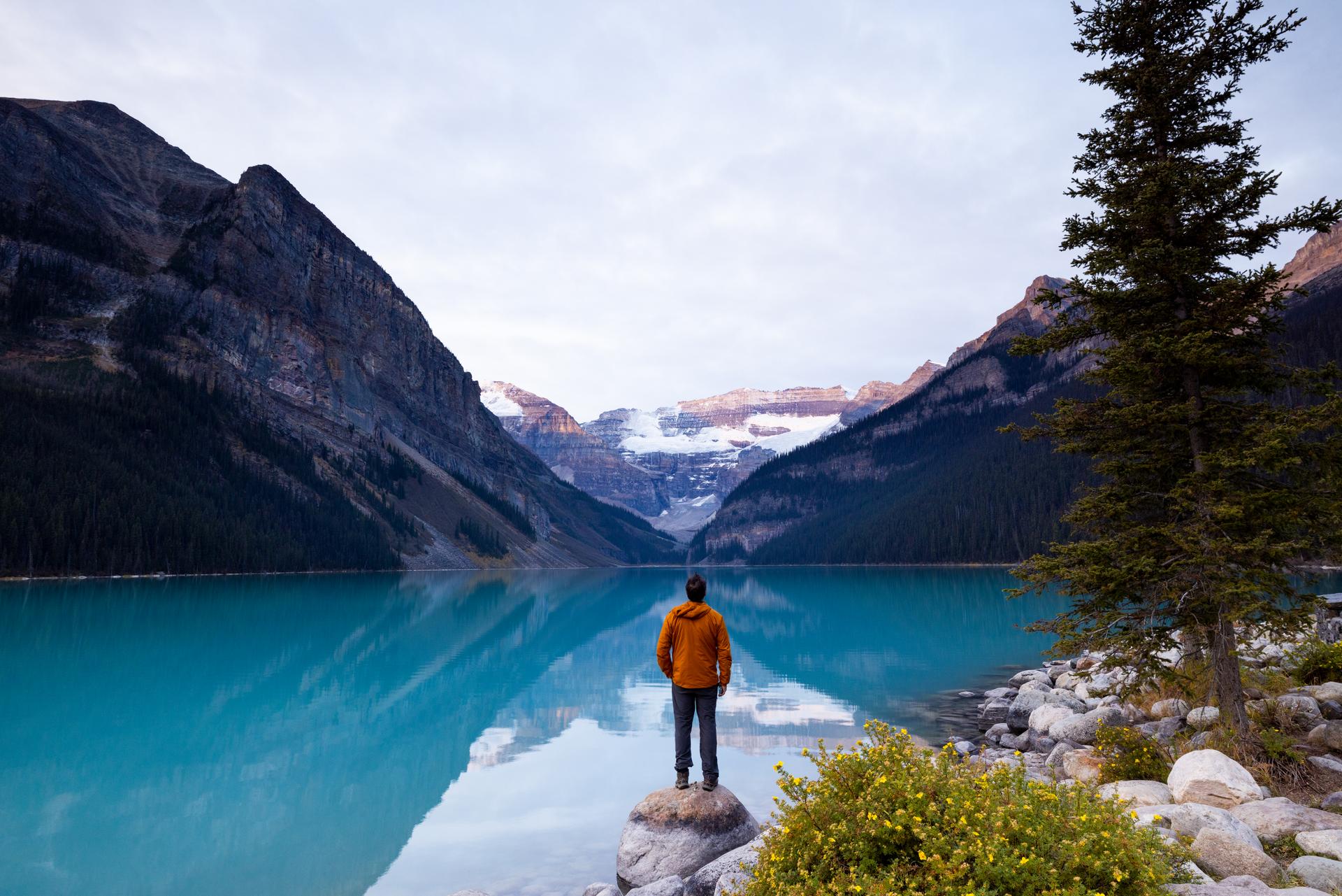 Traveller standing on a rock at the edge of Lake Louise, gazing across the vivid turquoise water toward Victoria Glacier and the snow-capped peaks of Banff National Park, Alberta