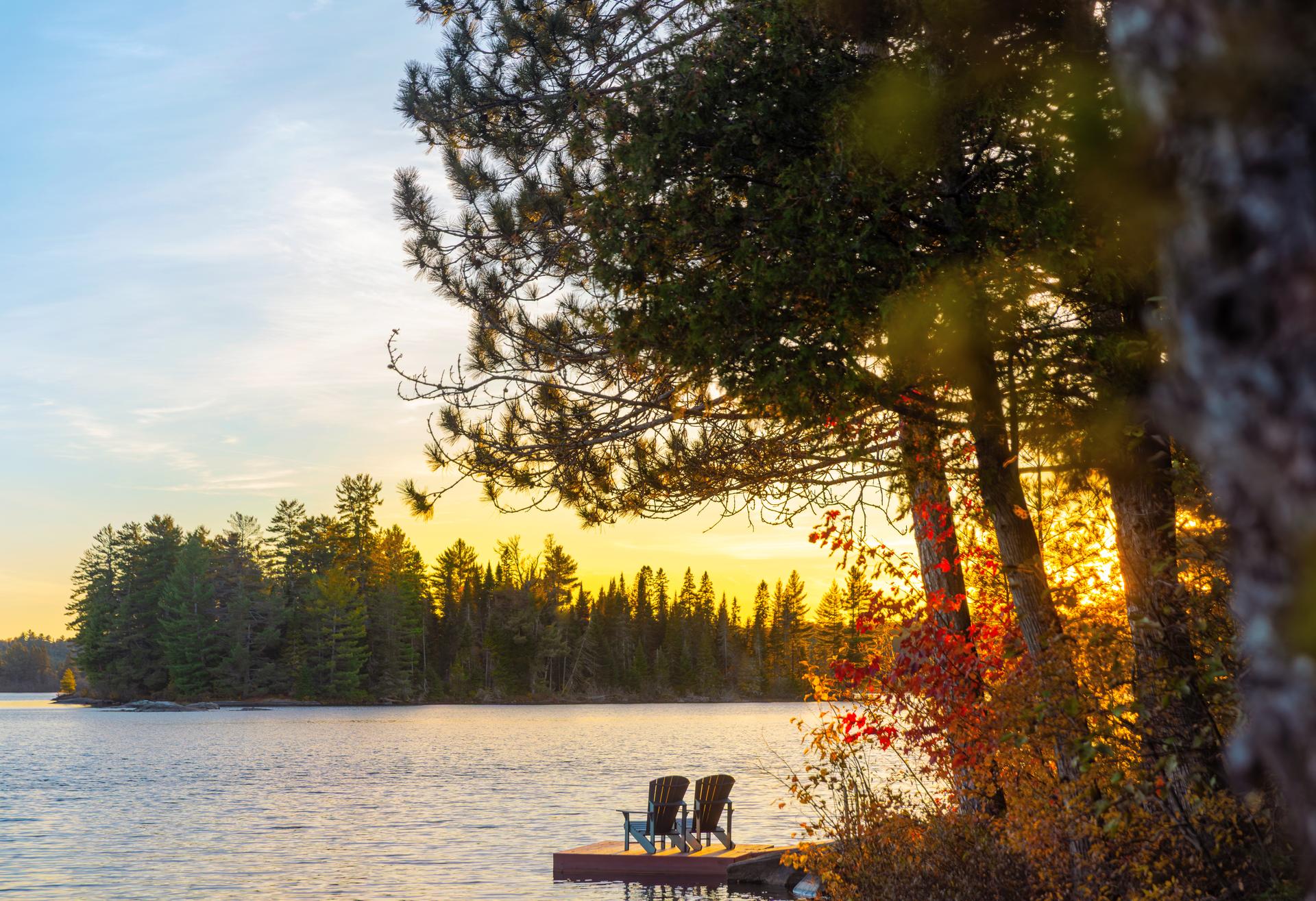 Two Muskoka chairs on a dock overlooking a lake in Algonquin Provincial Park at sunset, with early fall foliage