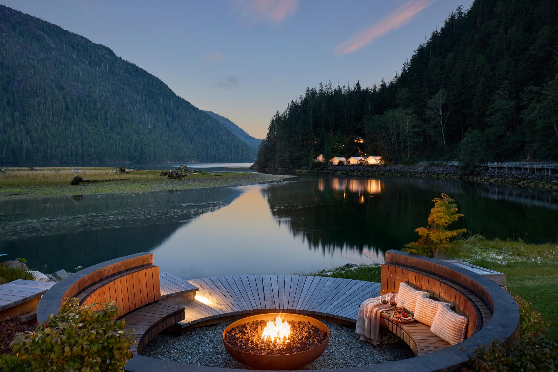 A firepit at Clayoquot Wilderness Lodge, a luxury outpost in Clayoquot Sound on Vancouver Island.
