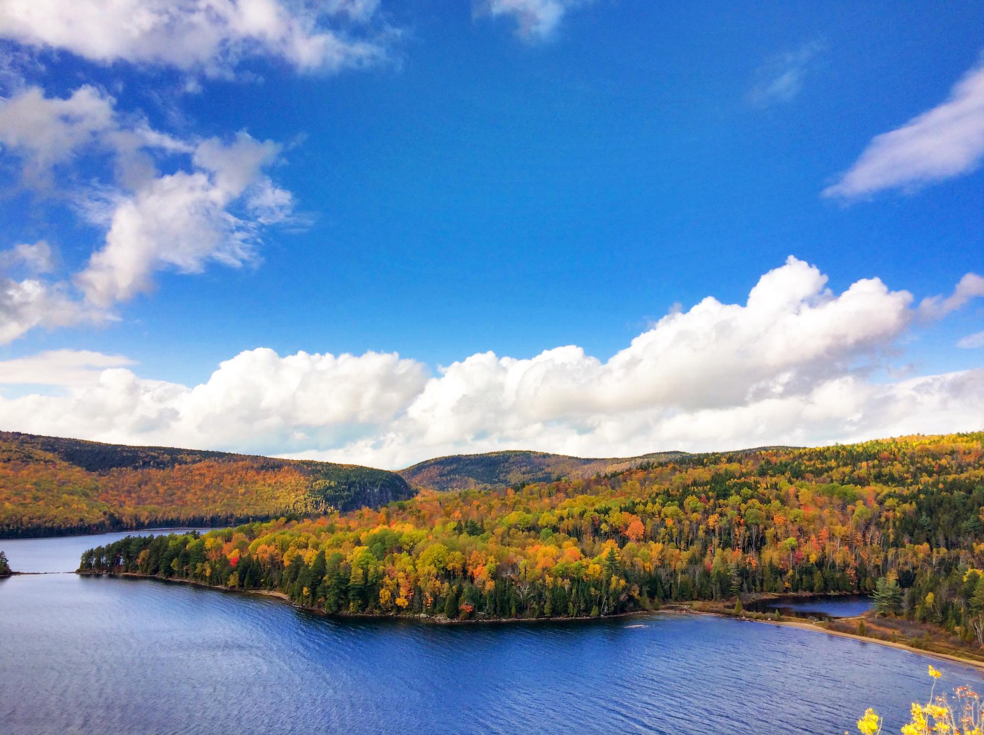 An elevated view over a lake in La Mauricie National Park, with forested hills in full autumn colour under a bright blue sky with towering clouds.