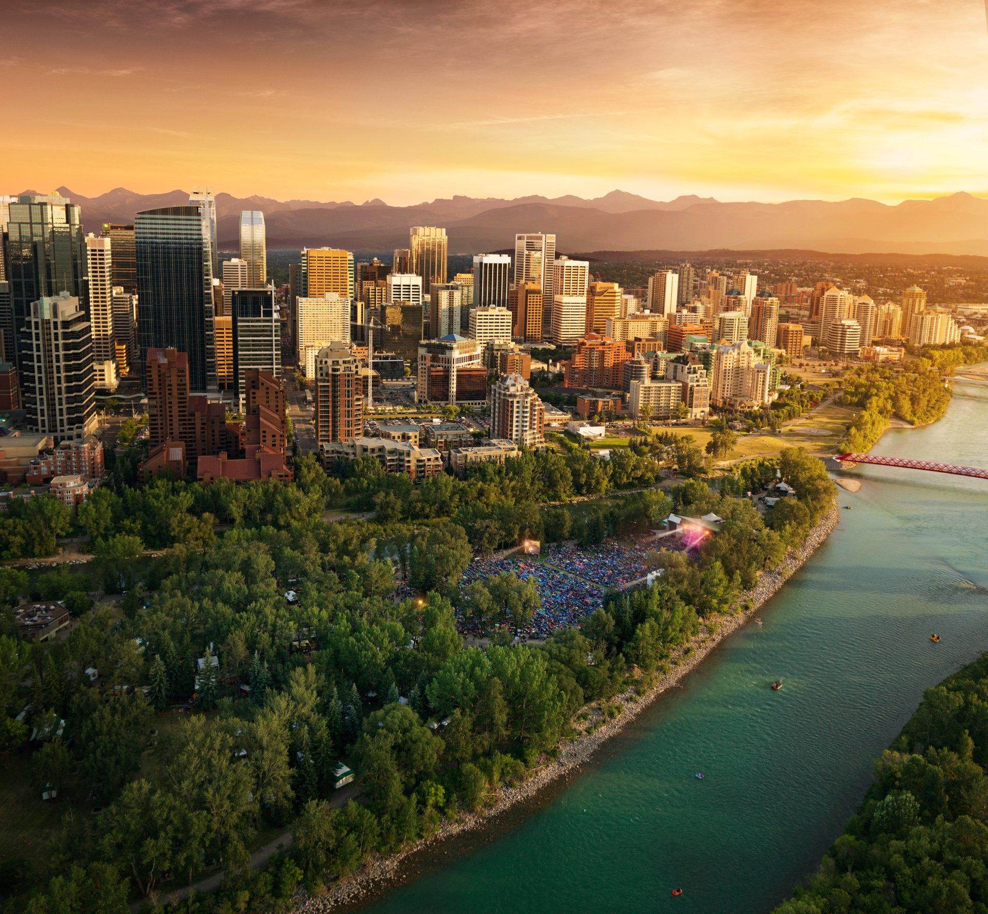 aerial view of the folk fest in calgary beside the bow river 