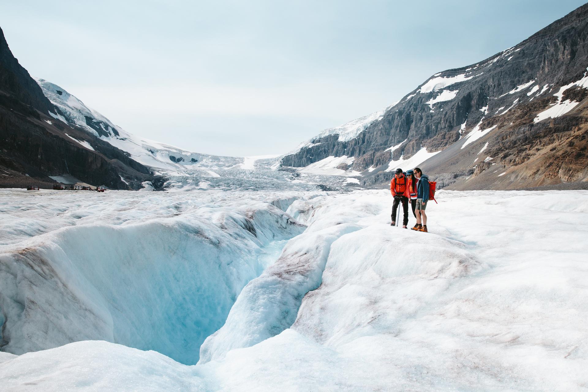 Hiking along the glaciers at the Columbia Icefields.