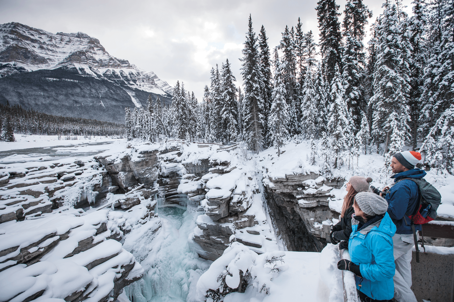 snow covered mountains in Athabasca Falls