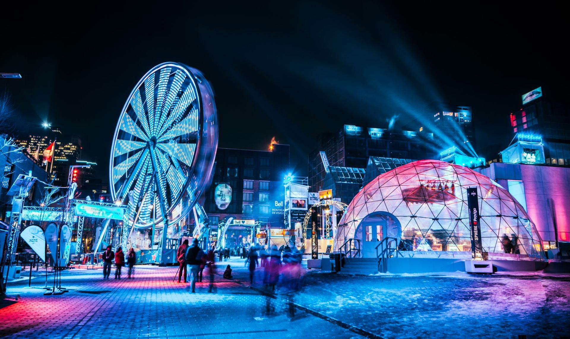 blue, pink and purple lights and celebration at Montréal en Lumière festival