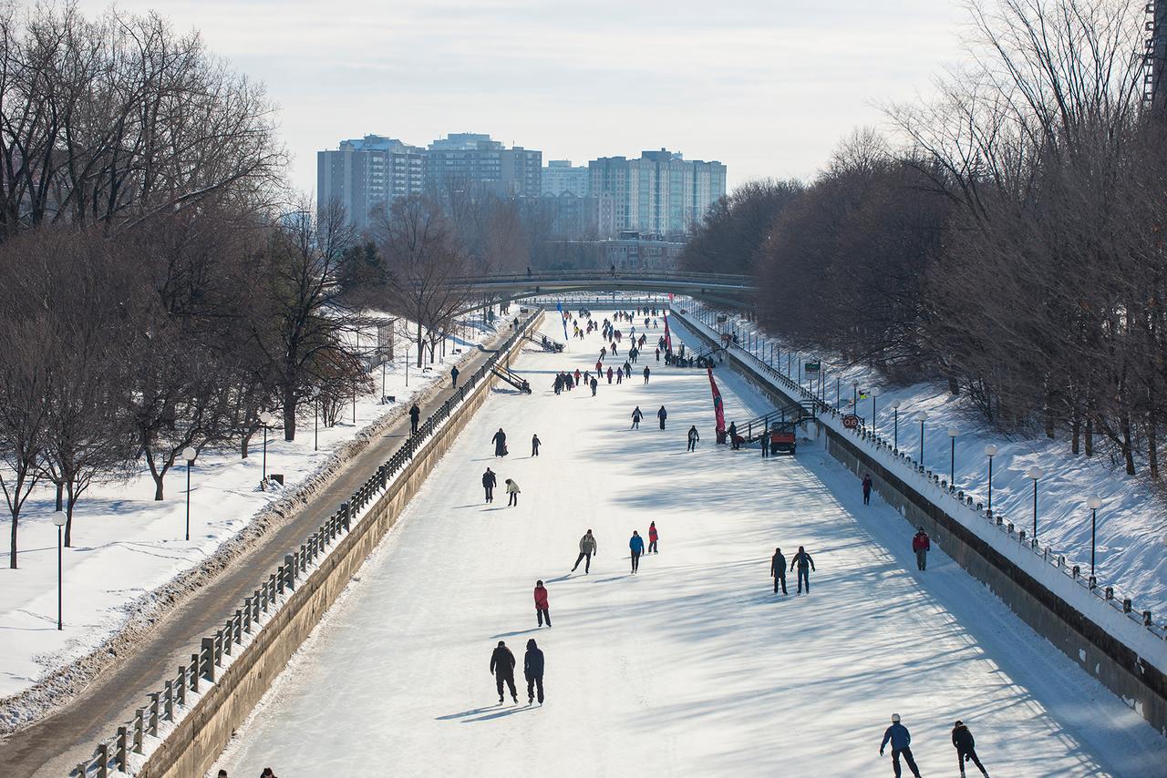 people skating down the Rideau Canal Skateway in winter