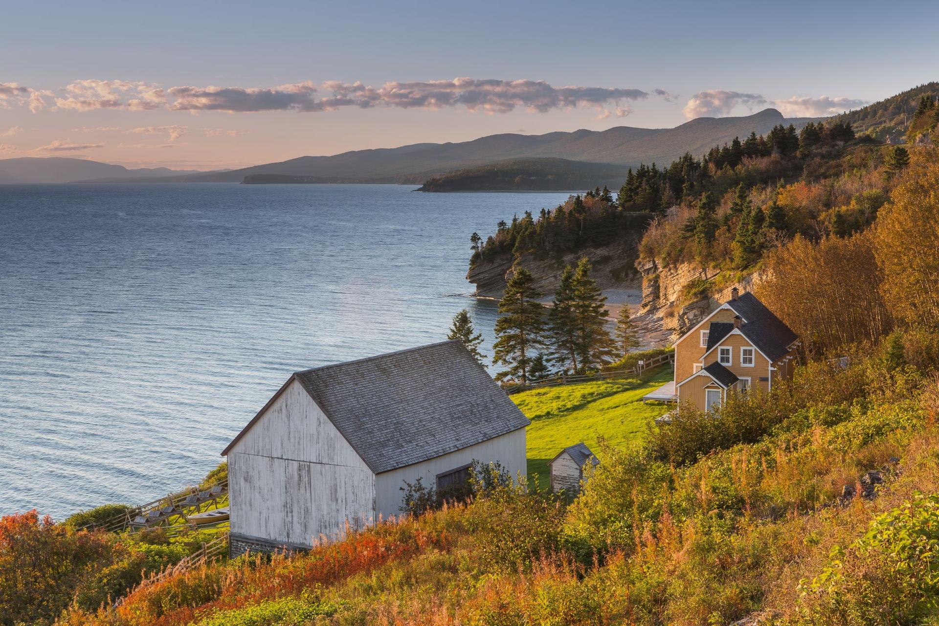 two cabins beside the water at Forillon National Park in Gaspésie
