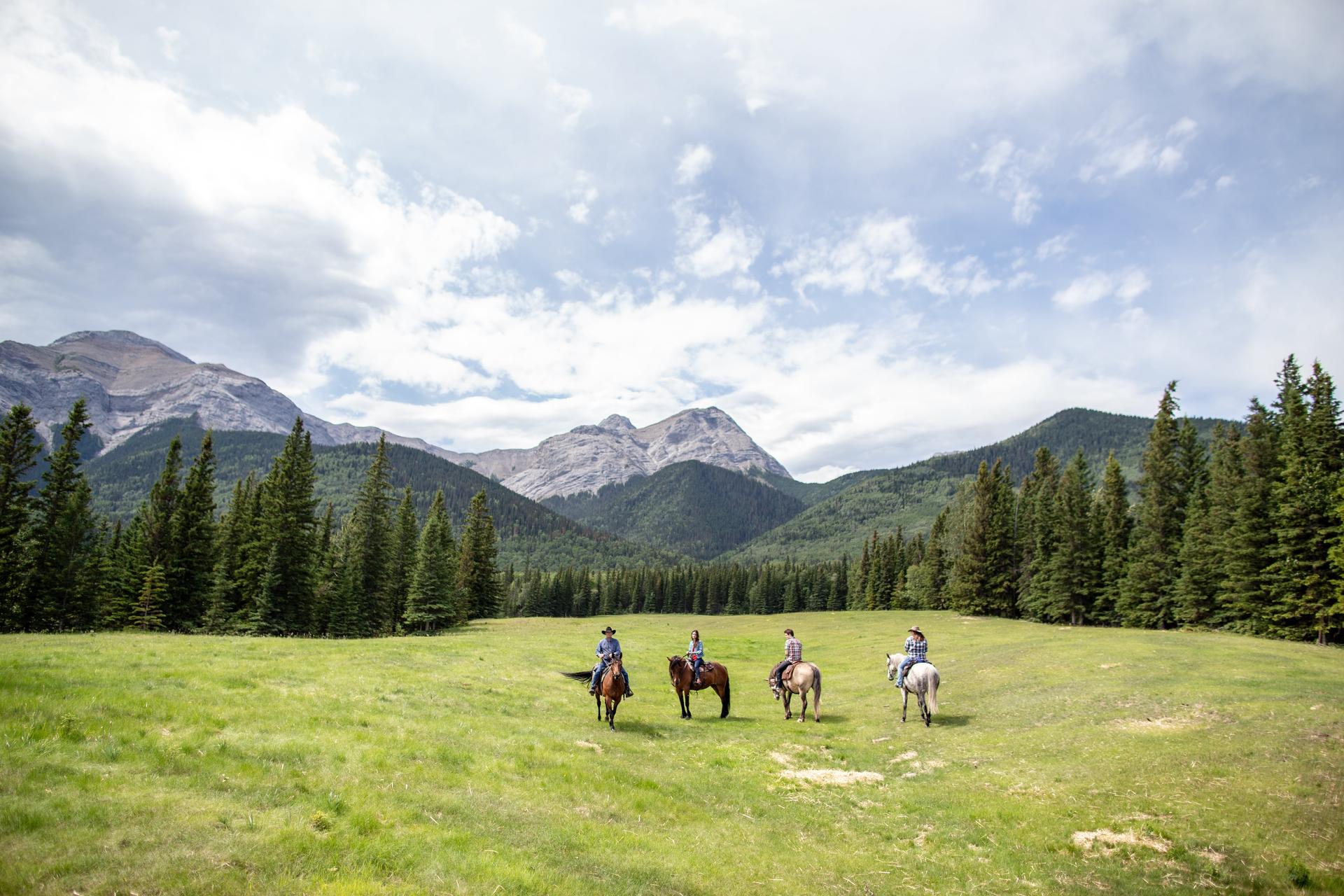 four people on horseback in a meadow with the Rocky Mountains in the background