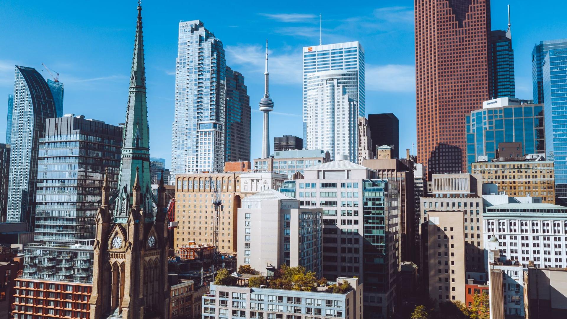 Cathedral spire against Toronto skyline