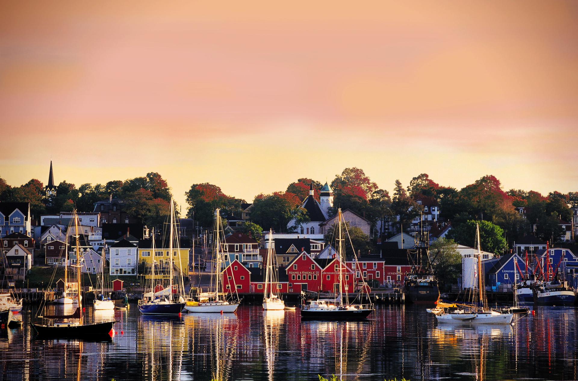 View of homes and boats along the waterfront in Lunenburg County, Nova Scotia