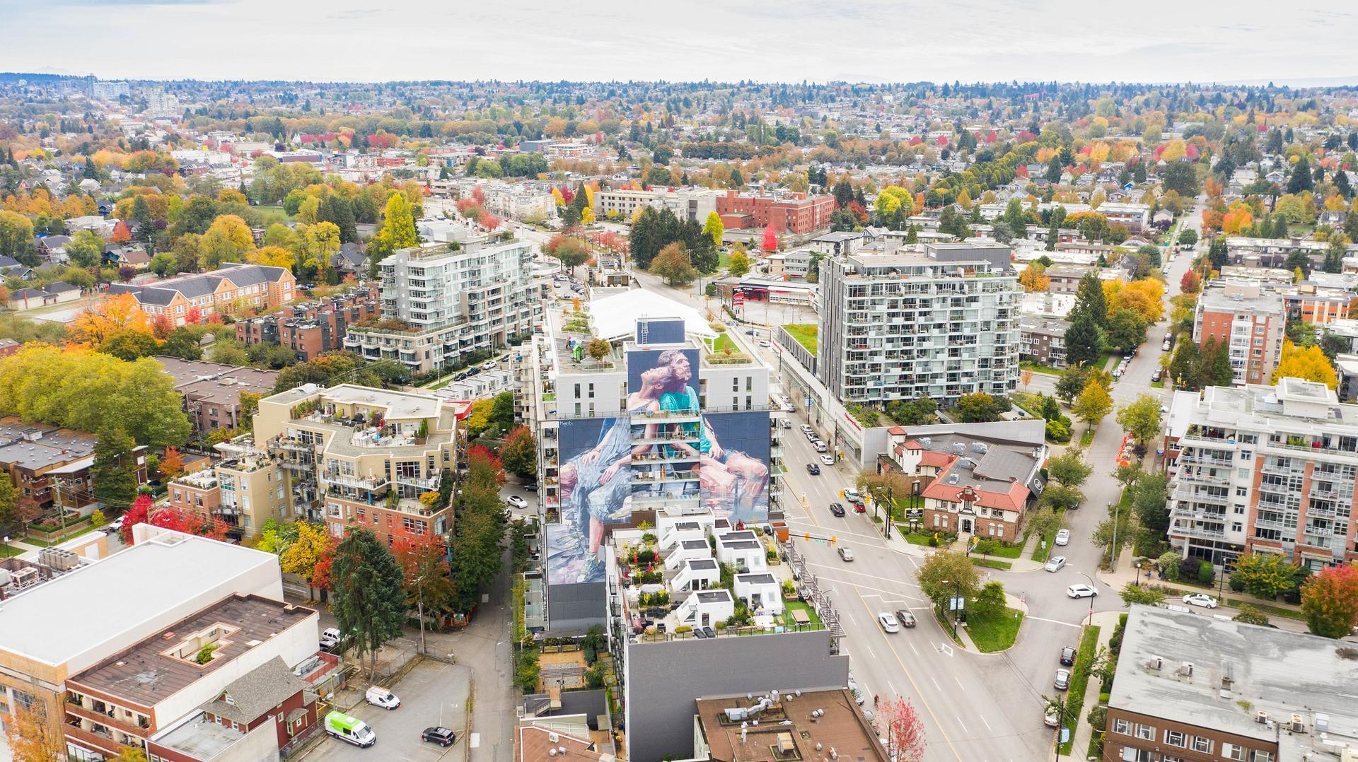 Fintan Magee mural - drone view from Kingsway & E10th Ave