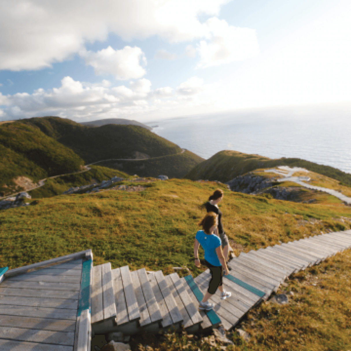 Two people descending the stairs at a vista in Cape Breton Highlands Park