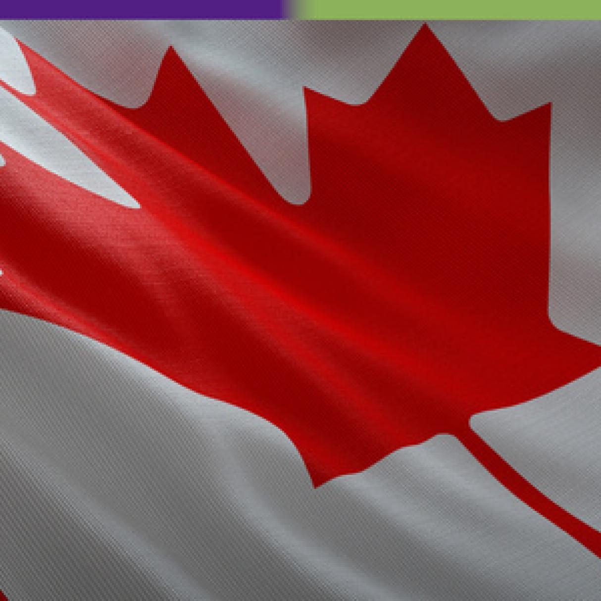 A canadian flag stretches across the screen. It has a red leaf surrounded by a red and white stripe.
