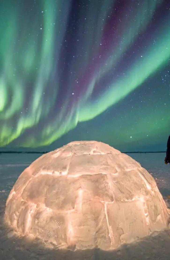 Person looking up at the northern lights while standing beside an igloo