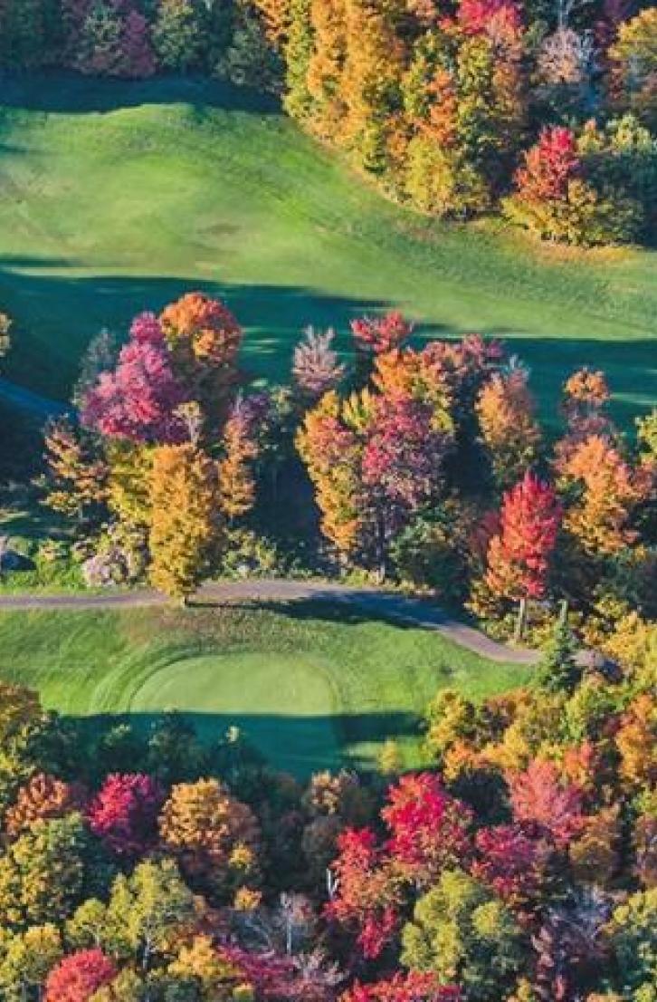An aerial view of a golf course in fall